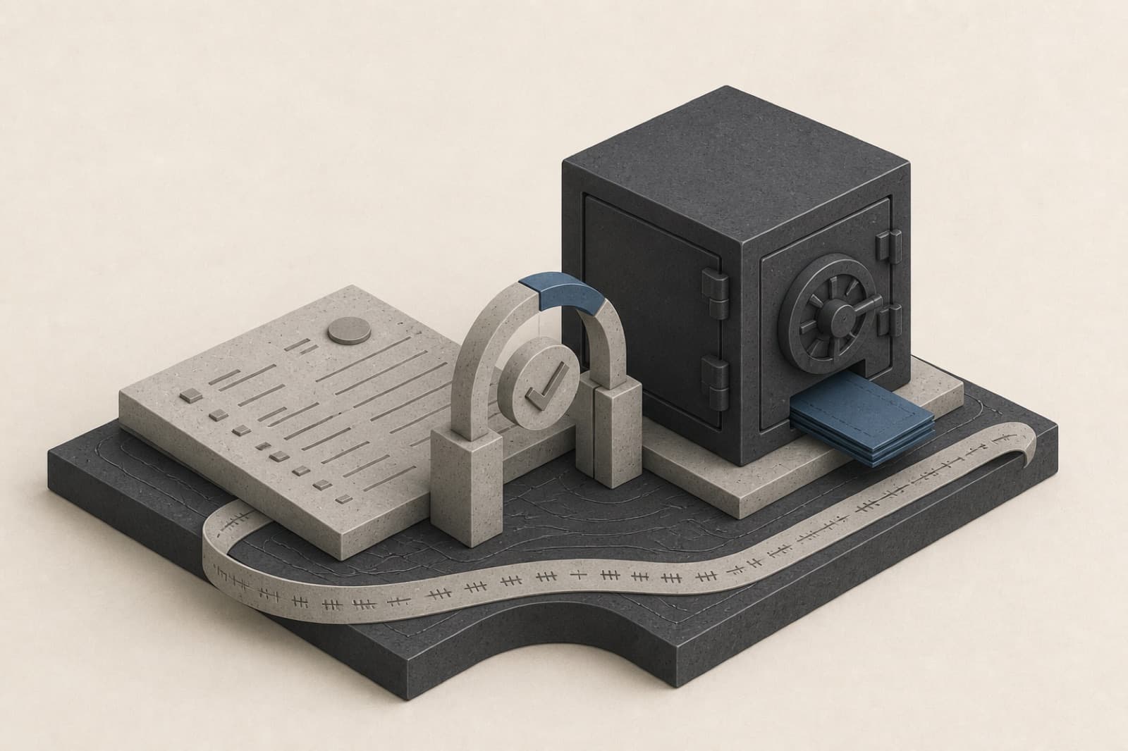 A ledger with an approval gate in front of a vault.
