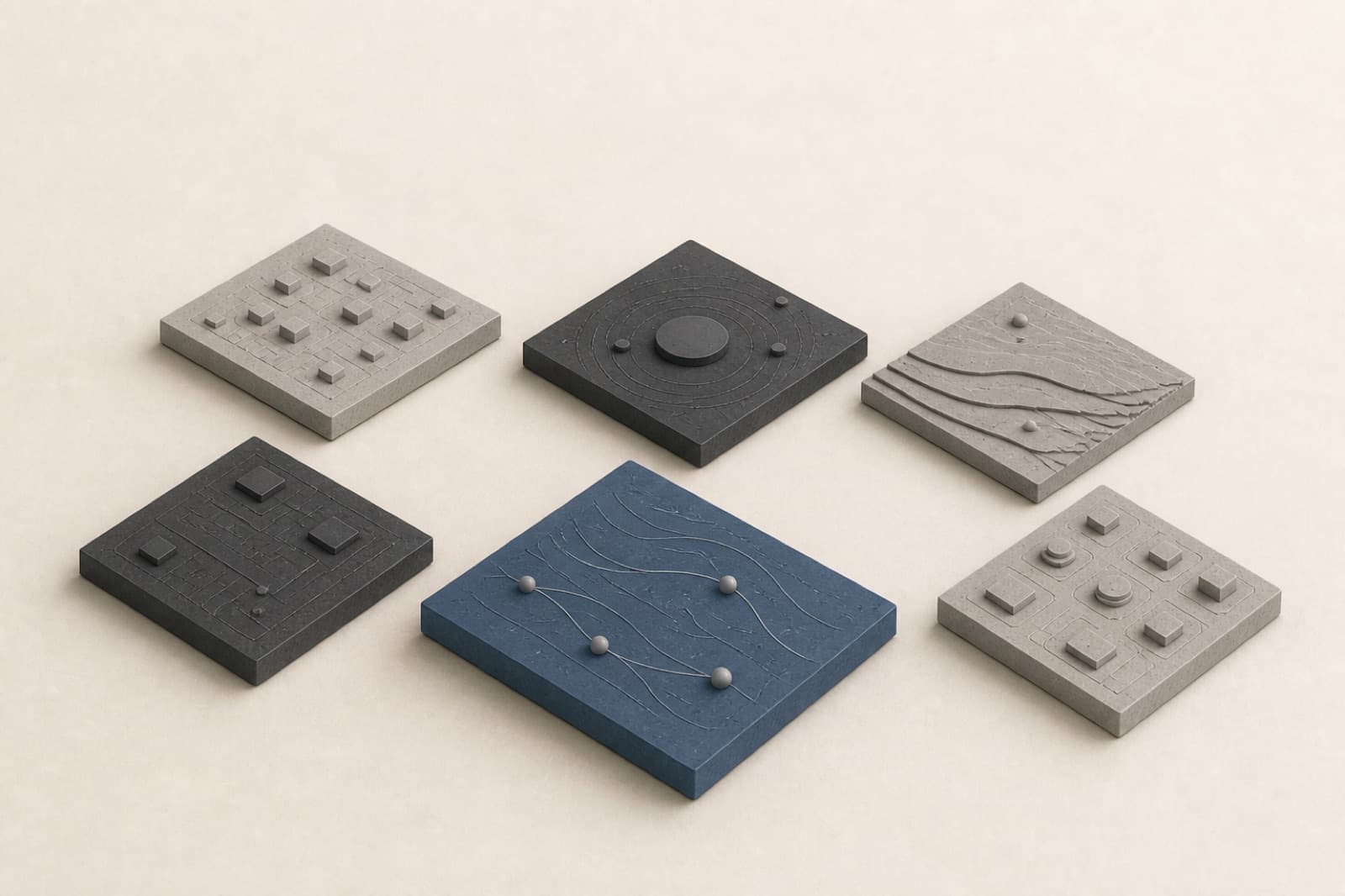 Six tiles, one slightly forward as the fit.