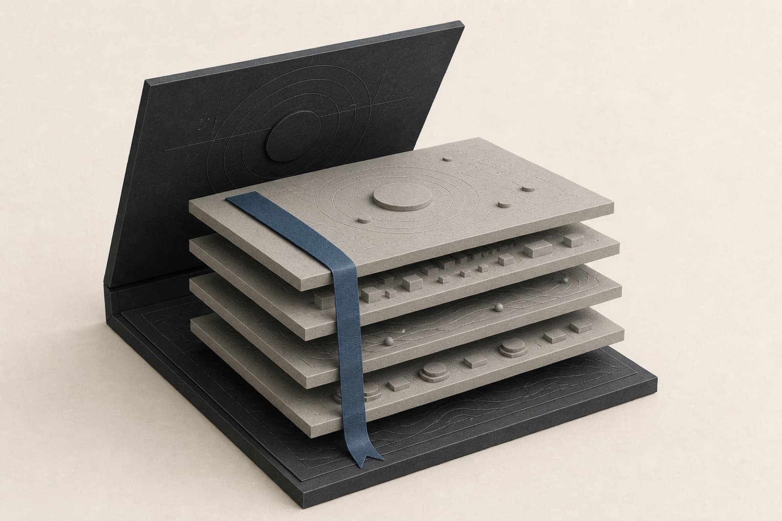 A playbook of stacked instruction layers with one bookmark.