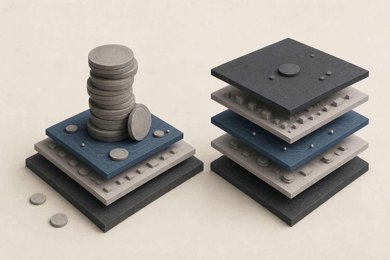 Outcome coins on one side, a stable platform on the other.